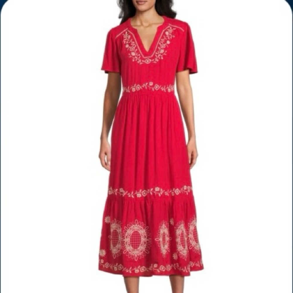 NWT Nurture Short Flutter Sleeve Red Embroidered Midi Dress with pockets